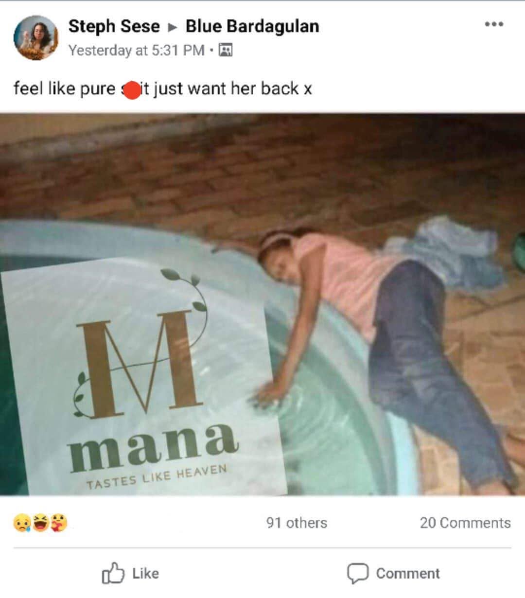 Facebook post from a student missing Mana, with the Mana poster in frame